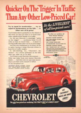 Chevrolet Red Sedan 1939 Car Ad - Quicker on the Trigger In Traffic