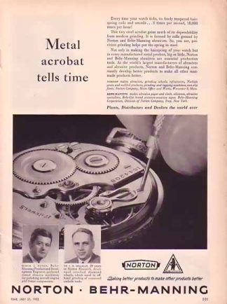 NORTON BEHR - MANNING 1952 Ad  - Metal acrobat tells time
