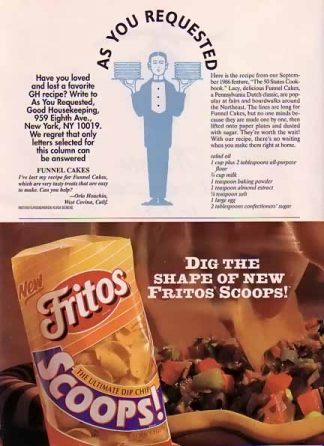 Frito Lay New Scoops! Fritos 1994 Ad with a Funnel Cake Recipe