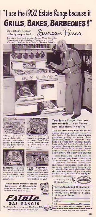 Duncan Hines 1952 Estate Gas Ranges Ad