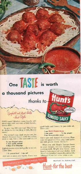 Spaghetti and Meat Balls Recipe 1952 Hunts Ad