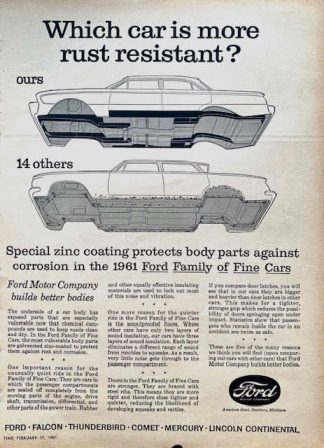 Ford 1961 Car Features Advertisement - Which car is more rust resistant?