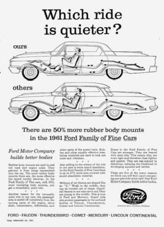 Ford 1961 Car Features Advertisement - Which ride is quieter?