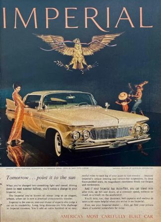 Imperial Crown Four Door South Hampton Car 1961 Advertisement with Gown by Saks Fifth Avenue.