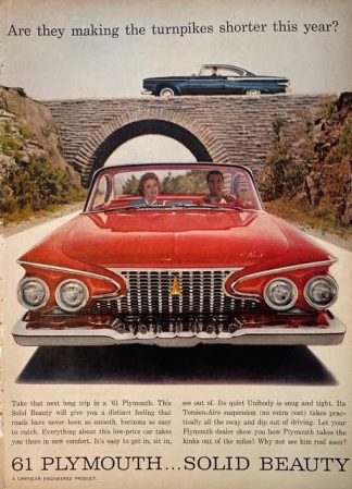1961 Red Plymouth… Solid Beauty Car Advertising with Two-page ad.