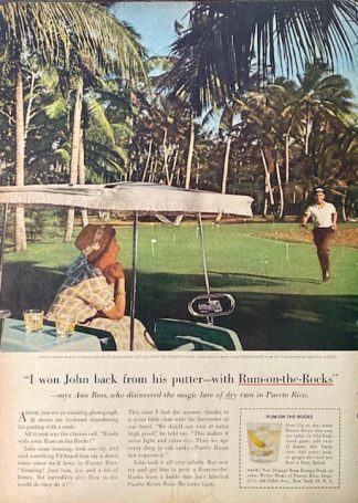 Rums of Puerto Rico 1961 Ad with John Ross – Recipe for Rum-on-the-Rocks