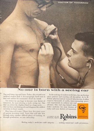 Robins Pharmaceuticals 1961 Advertisement – No One is Born with a Seeing Ear