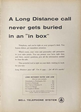 Bell Telephone System 1961 Ad – A long distance call never gets buried in any inbox.