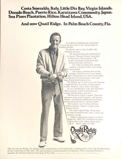 Quail Ridge Golf Course Advertisement. 1973 with Sasaki, Dawson. Demay. Associates of Watertown, MA.