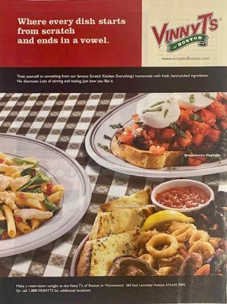 Vinny T’s, Boston Restaurant Advertisement from 2003 - Where every dish starts from scratch and ends in a vowel