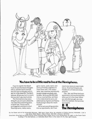 The Hemispheres Condominiums in Country Club. Hallandale, FL. 1973 Advertisement