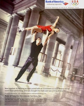 Bank of America Olympics. 2002. Magazine advertisement. Ice Skaters Embracing Ingenuity