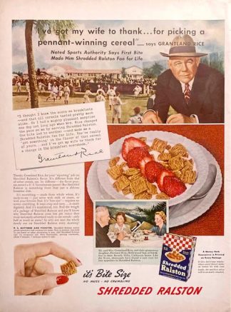 Shredded Ralston Cereal Ad 1939 with Grantland Rice