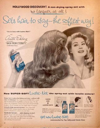 Lustre-Net Hair Control Spray Ad 1956 with Anita Ekberg