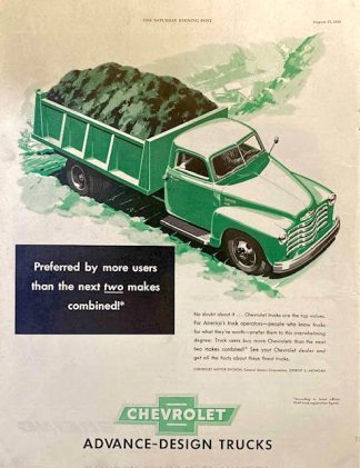 New Chevrolet Trucks Ad 1949 – “Preferred by more users than he next two makes combined!”
