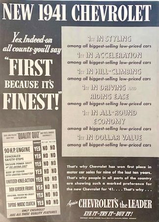 New 1941 Chevrolet - 1941 Ad – First Because It’s Finest!