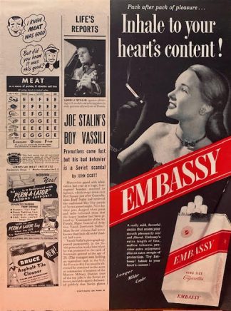 Embassy Cigarettes 1949 Ad – Inhale to your hearts content!