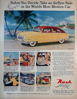 Nash Ambassador Airflyte 1951 Ad Yellow Car Ad - Miami Beach
