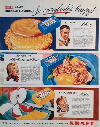 KRAFT Velveeta Cheese 1947 Ad - Three Kraft Cheddar Flavors