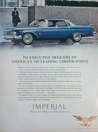 Chrysler Imperial 1962 Blue Car Ad - America's Most Carefully Built Car