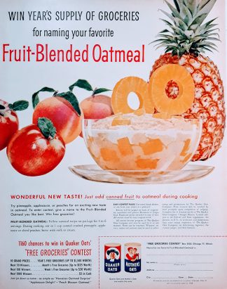 Quaker Oats 1958 Ad – Fruit Blended Oatmeal Recipe and Offer