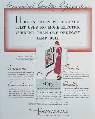 Frigidaire 1933 Ad – New Frigidaire that uses no more electric current than one light bulb