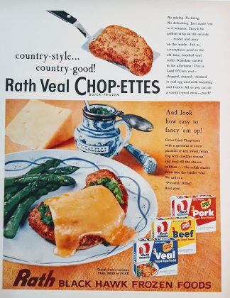 Rath Black Hawk Frozen Foods 1958 Ad - Rath Veal Chop-ettes