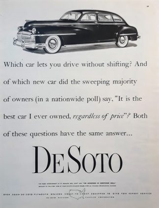 Plymouth Desoto 1948 Car Ad – “Which car lets you drive without shifting?“