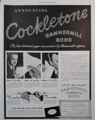 Hammermill Cockletone Bond Paper 1947 Ad – Announcing COCKLETONE.