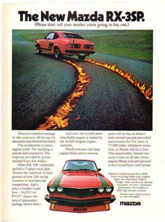Mazda 1976 Car Ad - Mazda RX-3SP Red with Decals