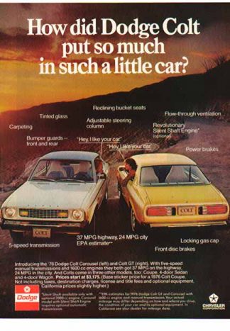 Dodge 1976 Car Ad - Dodge Colt Carousel & GT / White & Gold