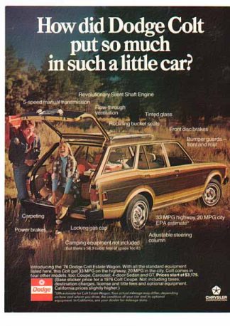 Dodge 1976 Car Ad - Colt Estate Wagon - Gold w/ wood panels