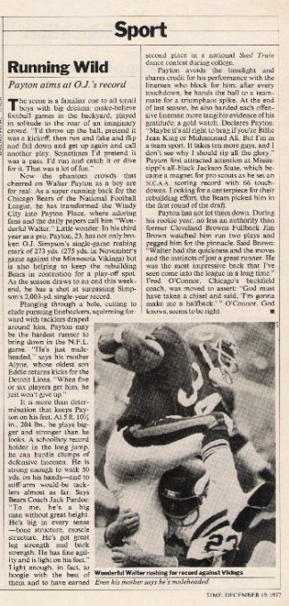 Walter Payton 1977 Sport Article "Running Wild" Payton aims at O.J.'s record.