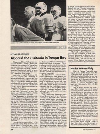 John McKay Tampa Bay Bucs Article 1976 Aboard the Lusitania in Tampa Bay
