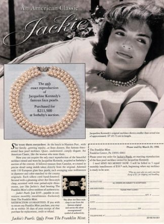 Jacqueline  Kennedy 1998 Ad for Reproduction of her Famous Faux Pearls.