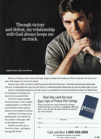 Jeff Gordon for Power For Living book message offer for Free Book in 1999