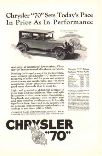 Chrysler 70 Coach 1924 Car Ad - Detroit, MI