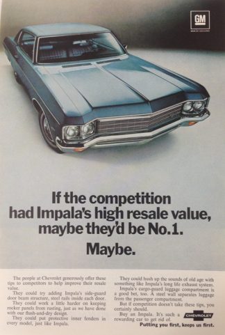 Chevrolet Impala 1970 Car Ad with Features:  Blue with Hardtop