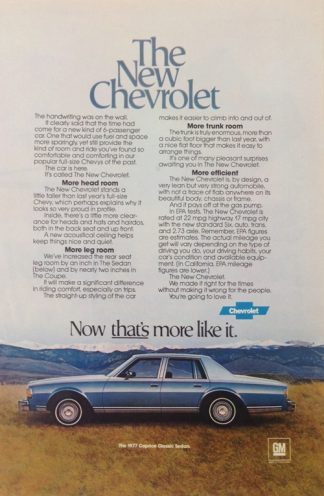 Chevrolet Caprice Classis Sedan 1977 Car Ad: Blue with Features