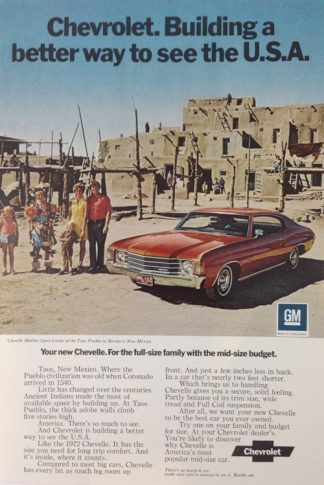 Chevrolet Chevelle Malibu Sport Coupe 1972 Car Ad: Red at Taos Pueblo, New Mexico