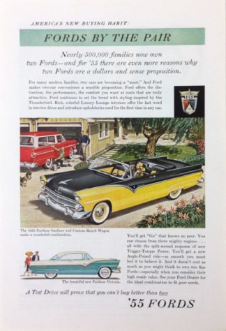 Ford Fairlane Sunliner 1955 Car Ad Yellow & Black & Custom Ranch Wagon