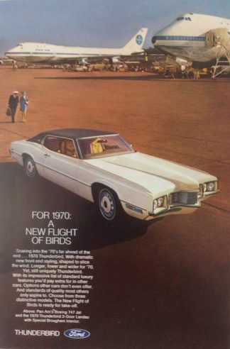Ford Thunderbird 2 door Landau 1970 Car Ad:White with Hardtop / Pan Am Boring 747