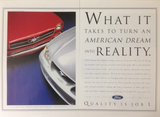 Ford Mustangs 1964 & 1994 Car Ad Red and Silver. Two Page Ad