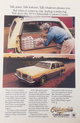 Oldsmobile Custom Cruiser Station Wagon 1979 Car Ad with features.