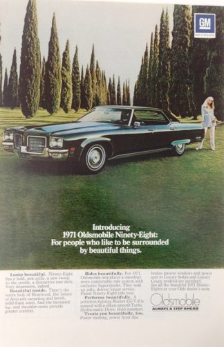 Oldsmobile Ninety Eight Black 1971 Car Ad with Information
