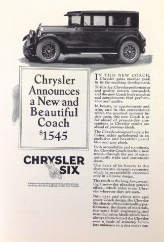 Chrysler Six Coach 1925 Car Ad New and Beautiful