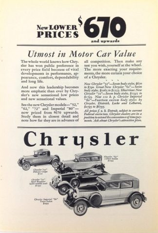Chrysler Cars 1928 Car Ad New Lower Prices $670