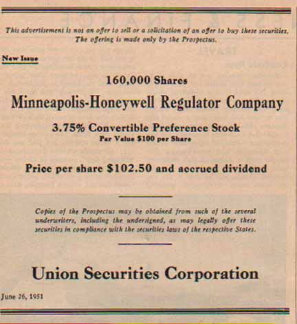 Honeywell Regulator 1951 Securities Ad