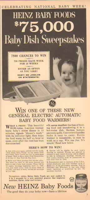 Heinz Baby Food 1963 Ad -  $75,000 Baby Dish Sweepstakes
